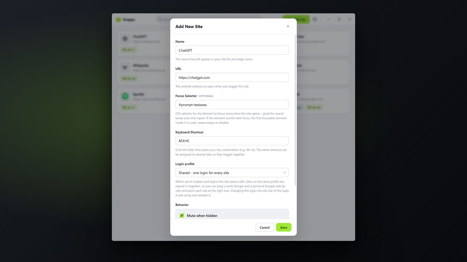 Adding a site and fine-tuning how it opens