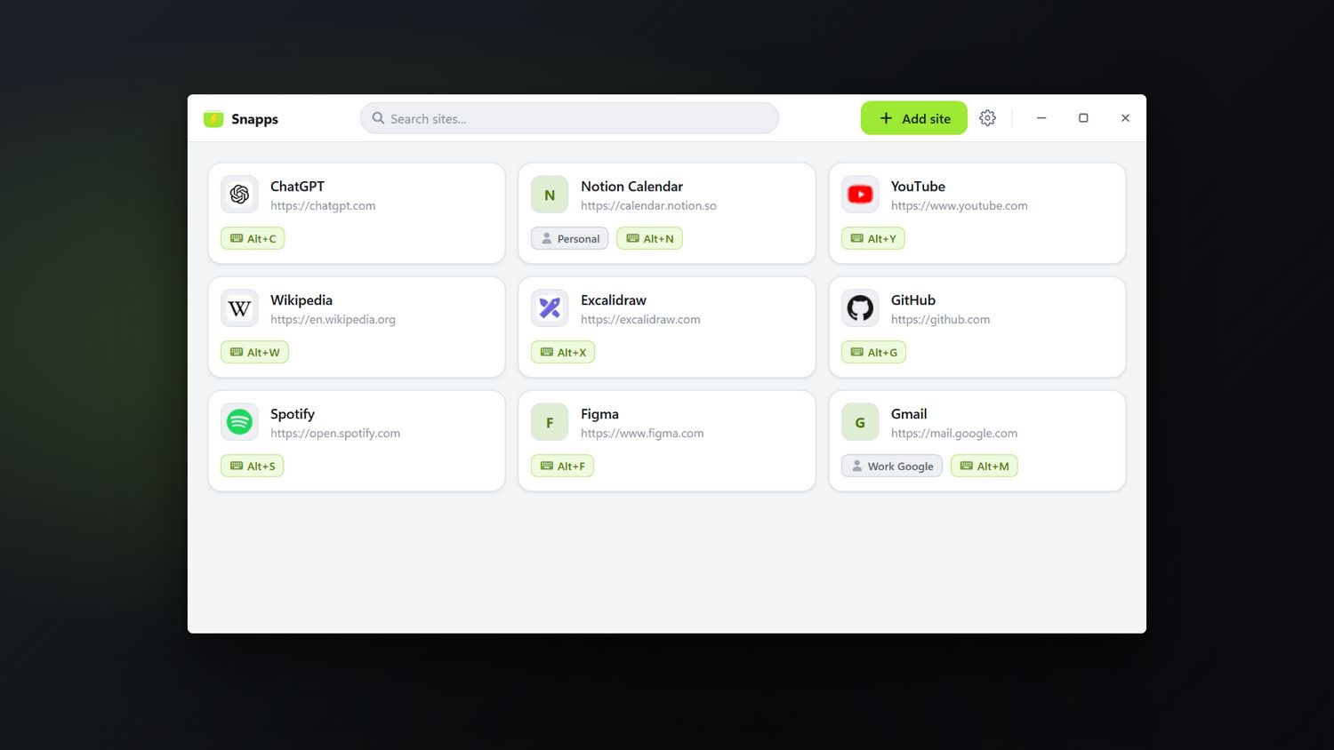 Every site in one list, each with a shortcut