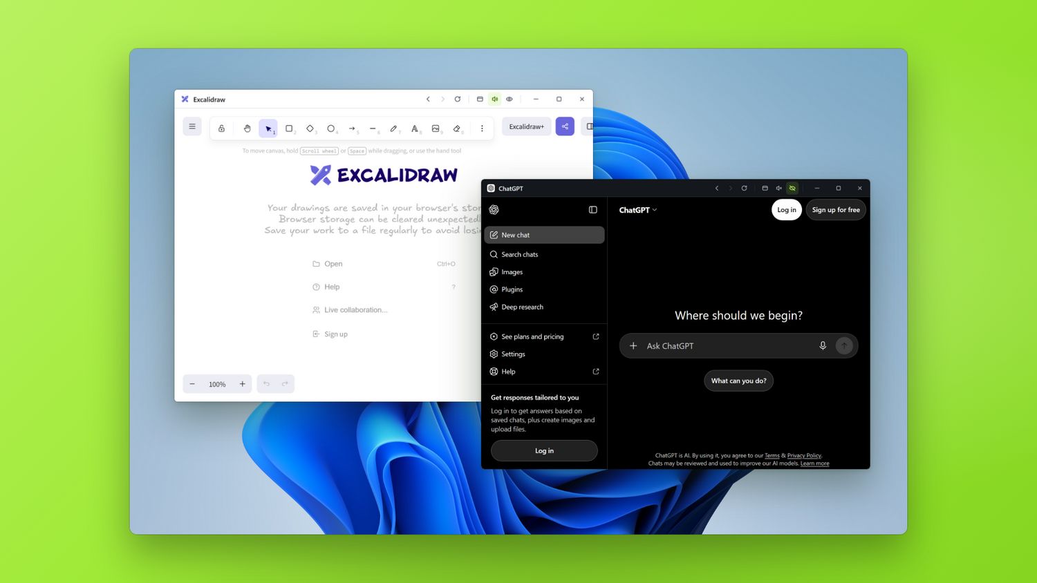 ChatGPT and Excalidraw floating on top of the desktop