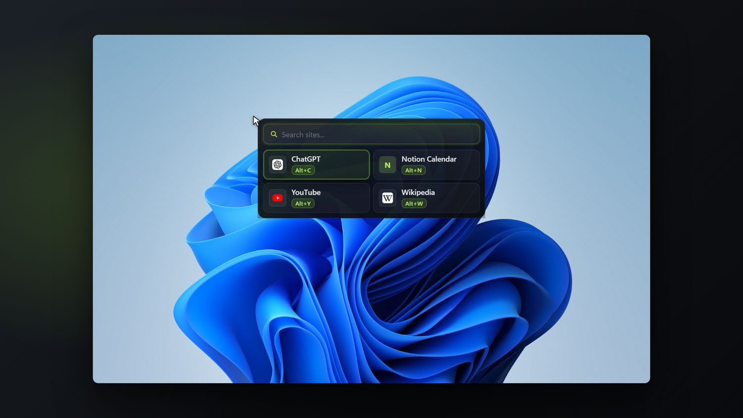 The quick picker open at the cursor, with a search box above the list of sites