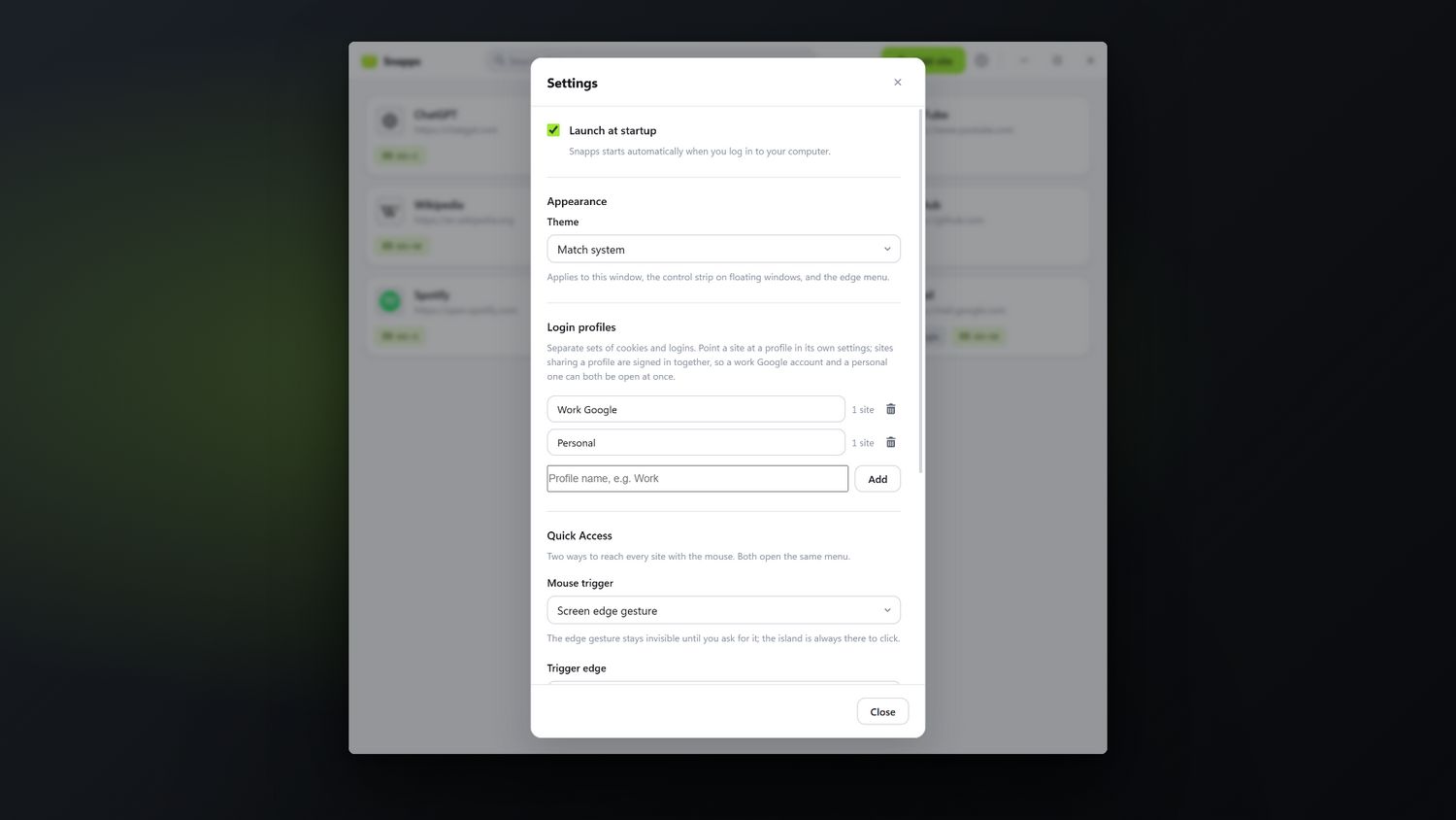 Settings for theme, startup, login profiles and edge gestures