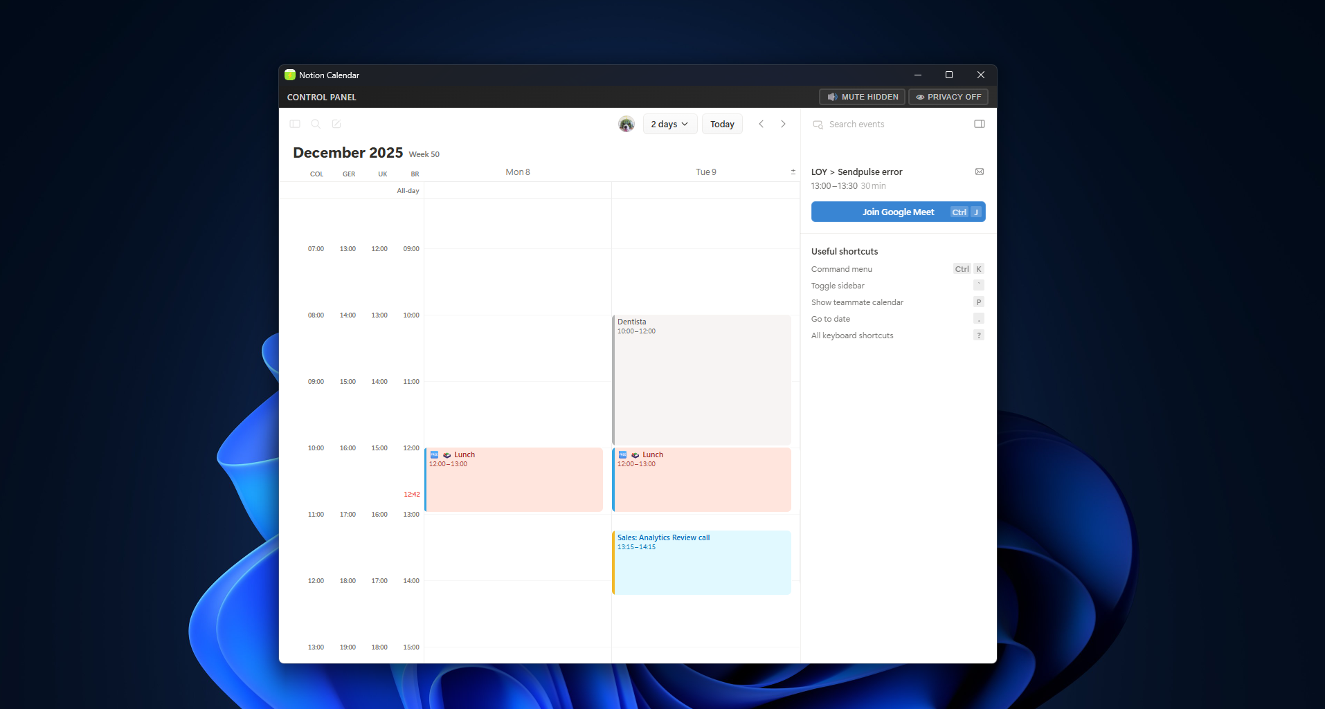 Google Calendar in Snapps floating window